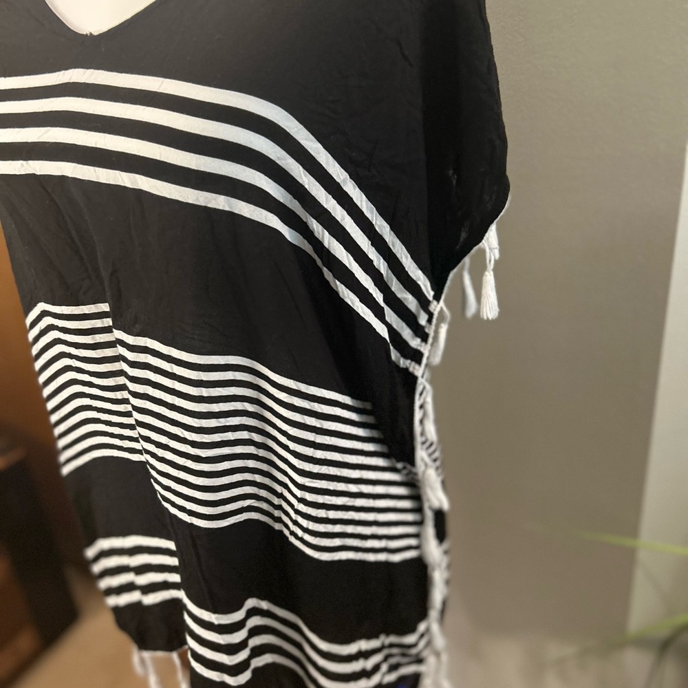 Black White Striped Kaftan Swim Cover Up Tassel Tunic Beach Resort Small - Picture 6 of 10